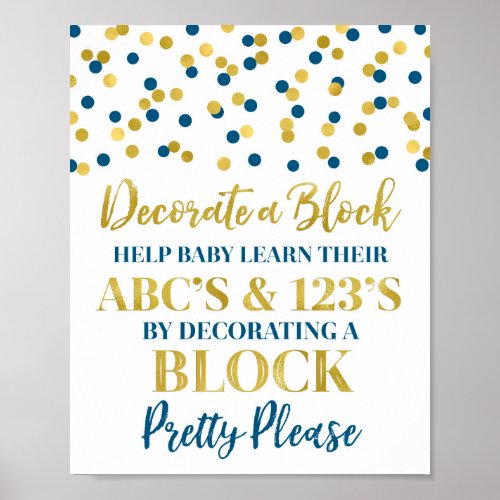 Navy Blue Gold Confetti Decorate a Block Game Sign