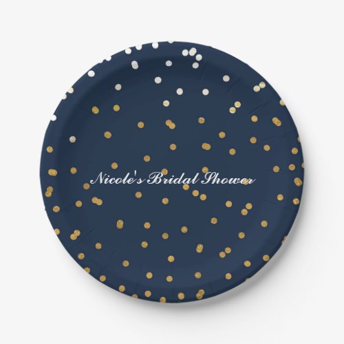 Navy Blue  Gold Confetti Dots Modern Chic Paper Plates