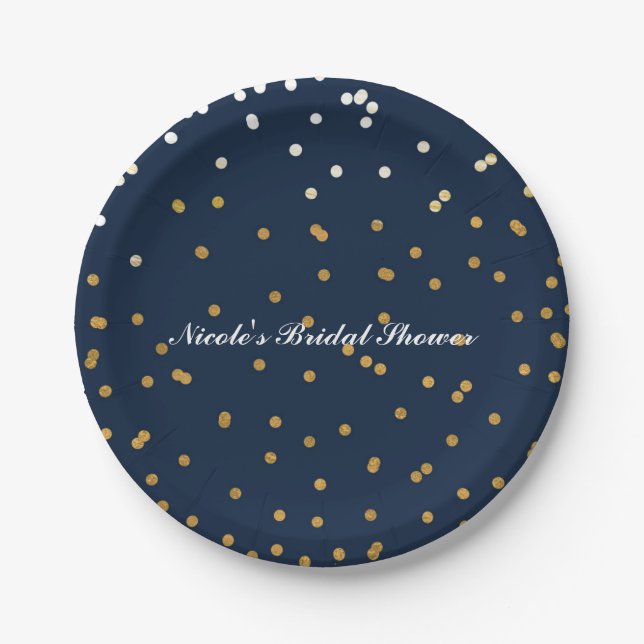 Navy Blue & Gold Confetti Dots Modern Chic Paper Plates (Front)