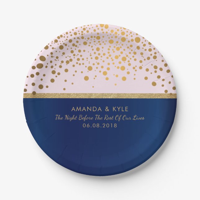 Navy Blue & Gold Confetti Dots & Pale Pink Design Paper Plates (Front)