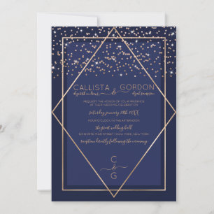 Navy Blue Gold Confetti Geo Border Wedding Invitation