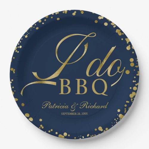 Navy Blue Gold Confetti I Do BBQ Engagement Party Paper Plates