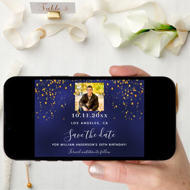 Navy blue gold confetti photo birthday save the date (Front Digital)