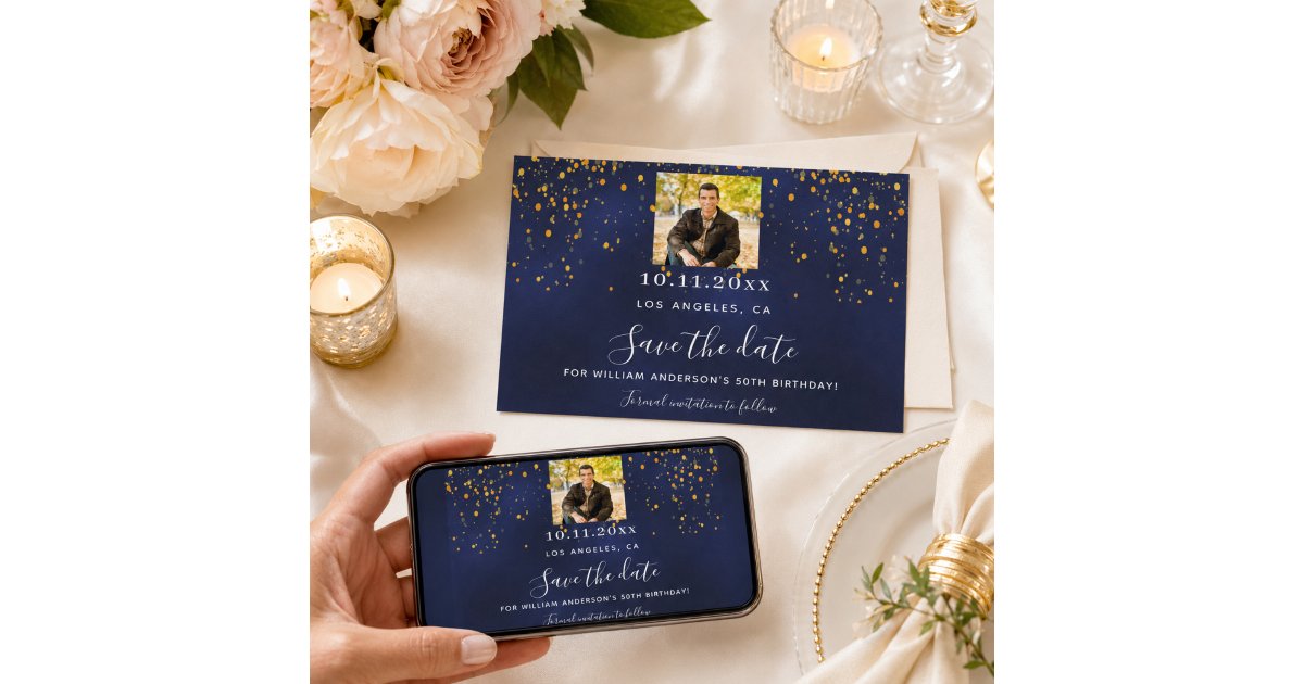 Navy blue gold confetti photo birthday save the date | Zazzle