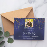 Navy blue gold confetti photo birthday save the date<br><div class="desc">A Save the Date card for a 50th (or any age) birthday party. A navy blue background. The blue color is uneven. Decorated with golden confetti. The text: Save the Date is written with a large trendy hand lettered style script. Personalize and add a photo.</div>