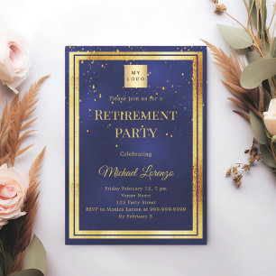 Navy blue gold confetti retirement business logo invitation