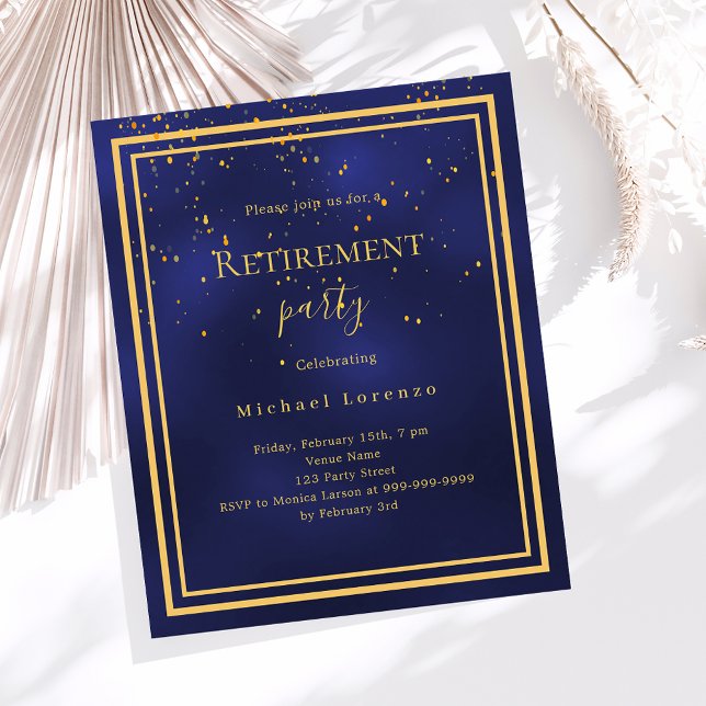 Navy blue gold confetti retirement invitation (Creator Uploaded)