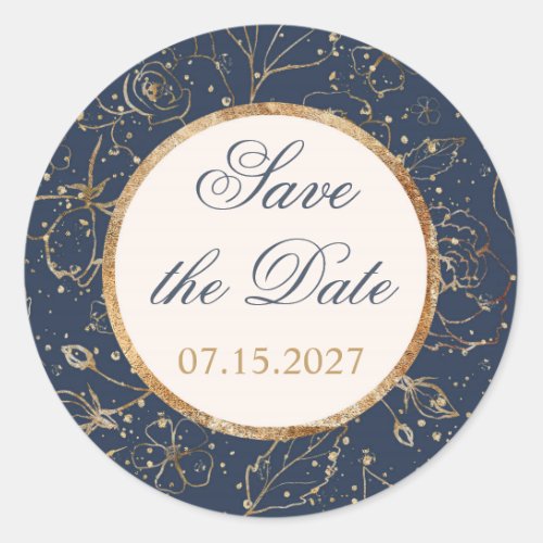 Navy blue gold confetti Save the Date Classic Round Sticker