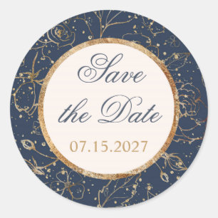 Navy blue, gold, confetti Save the Date Classic Round Sticker
