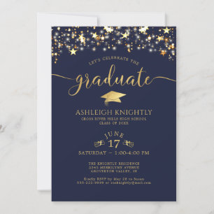 Navy Blue Gold Confetti Stars Graduation Party Invitation