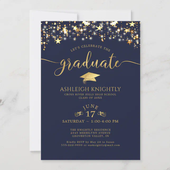 Navy Blue Gold Confetti Stars Graduation Party Invitation 