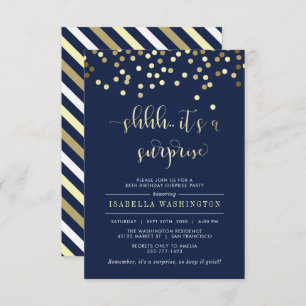 Navy Blue & Gold Confetti Surprise Birthday Party Invitation