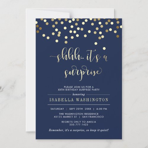 Navy Blue  Gold Confetti Surprise Birthday Party Magnetic Invitation