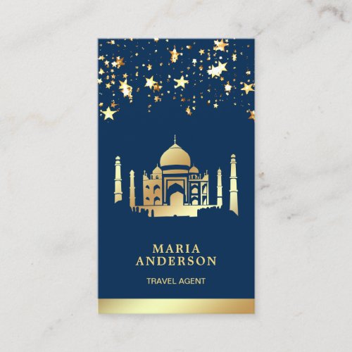 Navy Blue Gold Confetti Taj Mahal Travel Agent Business Card