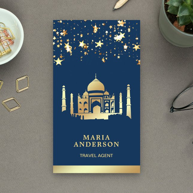 Navy Blue Gold Confetti Taj Mahal Travel Agent Business Card (Creator Uploaded)