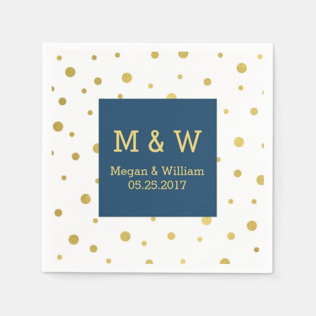 Navy Blue Gold Confetti Wedding Monogram Paper Napkins (Front)
