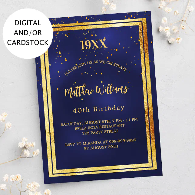 Navy blue gold confetti year birth birthday invitation | Zazzle