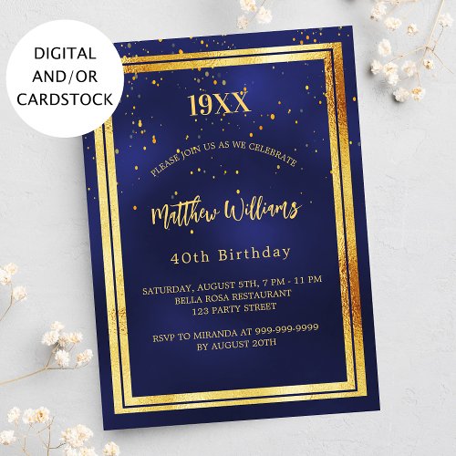 Navy blue gold confetti year birth birthday invitation