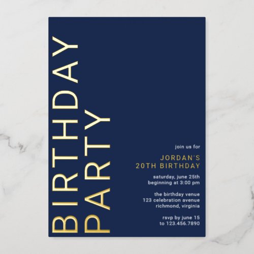 Navy Blue  Gold  Cool Modern Any Age Birthday Foil Invitation
