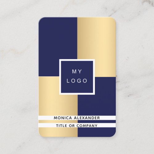 Navy blue gold corporate logo QR code Business Card
