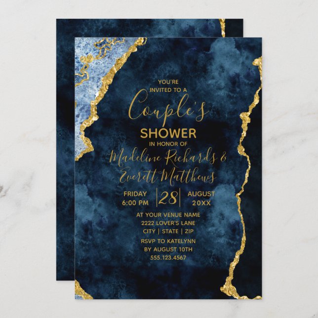 Navy Blue Gold Couple's Wedding Shower Invitation (Front/Back)