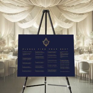 Navy Blue Gold Crest Alphabetical Seating Chart Foam Board