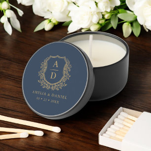 Navy Blue Gold Crest Modern Monogram Wedding  Mini Candle Favors