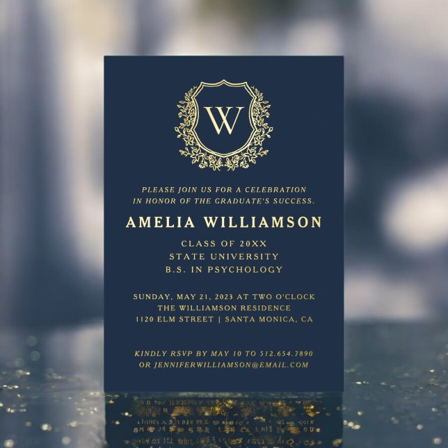 Navy Blue Gold Crest Monogram Graduation Party Foil Invitation (Creator Uploaded)