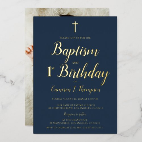 Navy blue gold cross Baptism 1st birthday Photo Foil Holiday Card