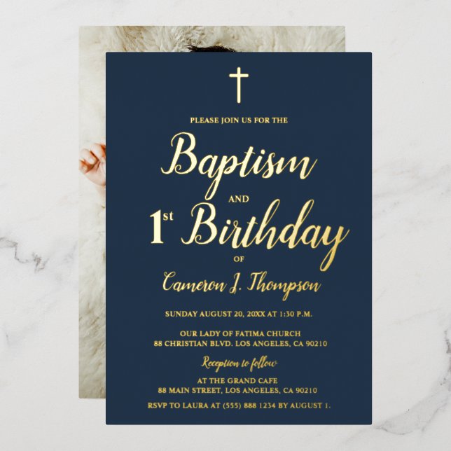 Navy blue gold cross Baptism 1st birthday Photo Foil Holiday Card (Front/Back)