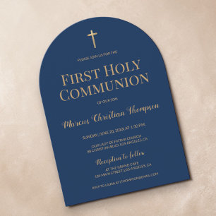 Navy Blue Gold Cross Boy First holy communion Arch Invitation