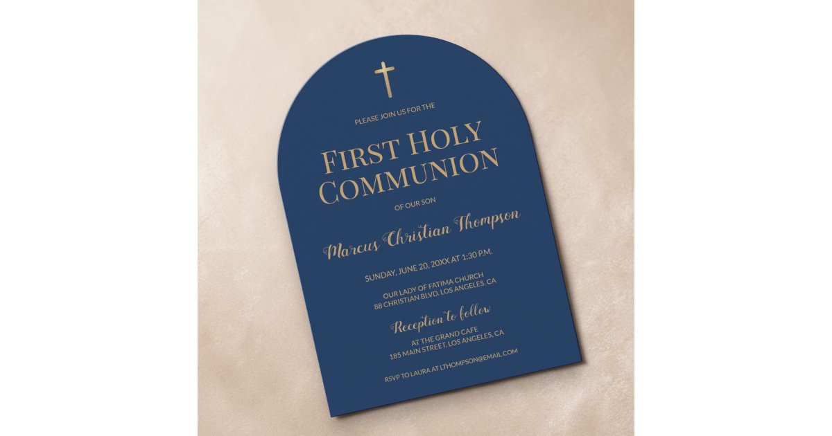 Navy Blue Gold Cross Boy First holy communion Arch Invitation | Zazzle