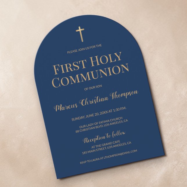 Navy Blue Gold Cross Boy First holy communion Arch Invitation (Minimalist Navy blue and gold hue cross First communion arch card.)