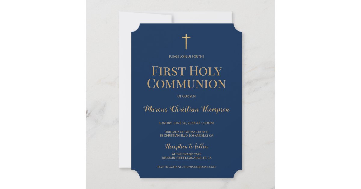 Navy Blue Gold Cross Boy First holy communion Invitation | Zazzle