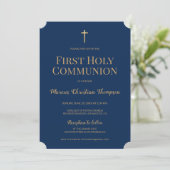 Navy Blue Gold Cross Boy First holy communion Invitation | Zazzle