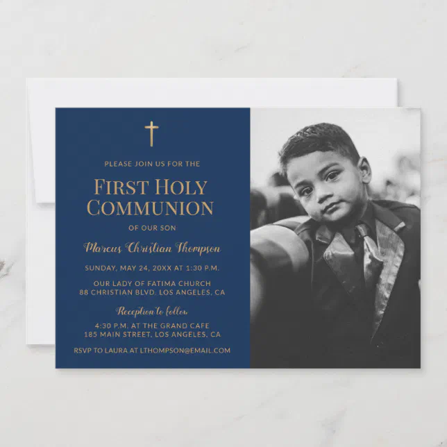 Navy Blue Gold Cross Boy First holy communion Invitation | Zazzle