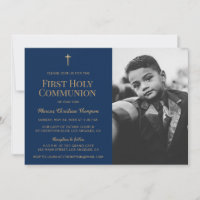 Navy Blue Gold Cross Boy First holy communion