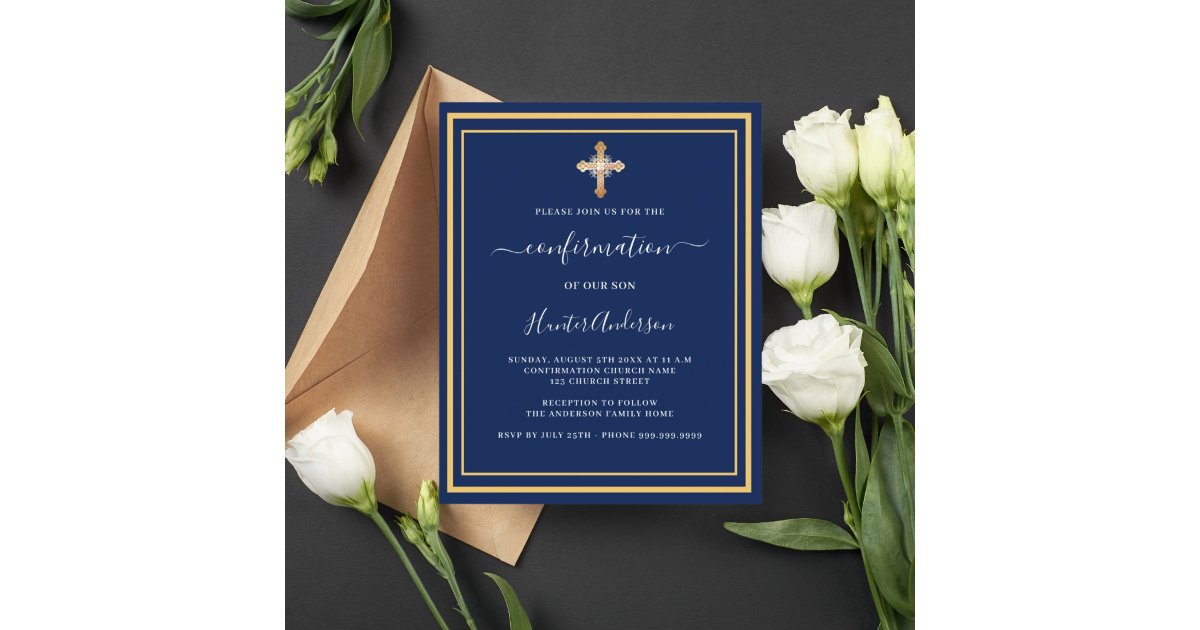 Navy blue gold cross budget invitation | Zazzle