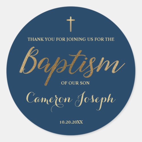 Navy Blue Gold Cross Custom Baby boy Baptism Classic Round Sticker