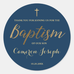 Navy Blue Gold Cross Custom Baby boy Baptism Classic Round Sticker