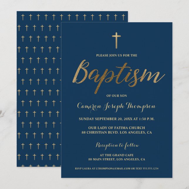 Navy Blue Gold Cross Custom Baby boy Baptism Invitation (Front/Back)
