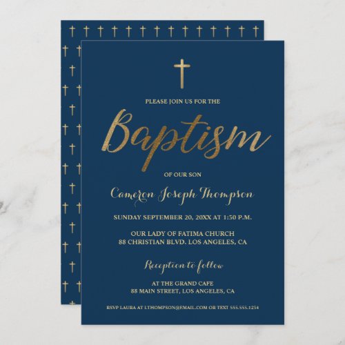 Navy Blue Gold Cross Custom Baby boy Baptism Invitation