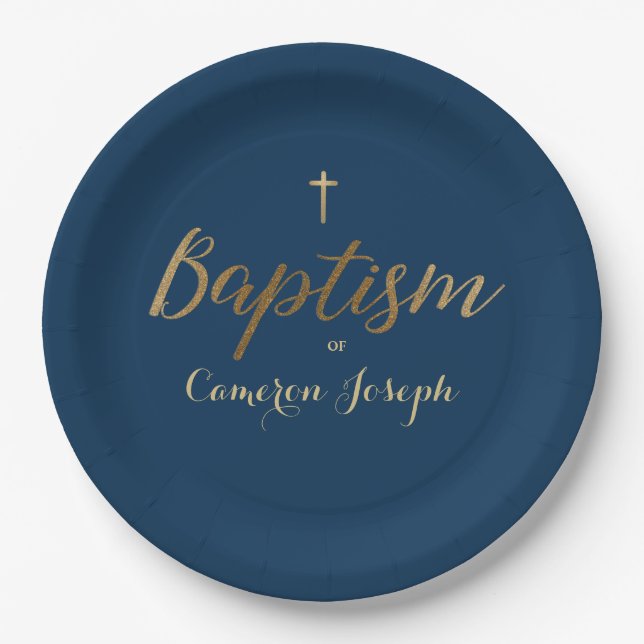 Navy Blue Gold Cross Custom Baby boy Baptism Paper Plates (Front)