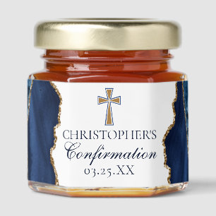 Navy Blue Gold Cross Custom Confirmation Party Honey Jar Favors