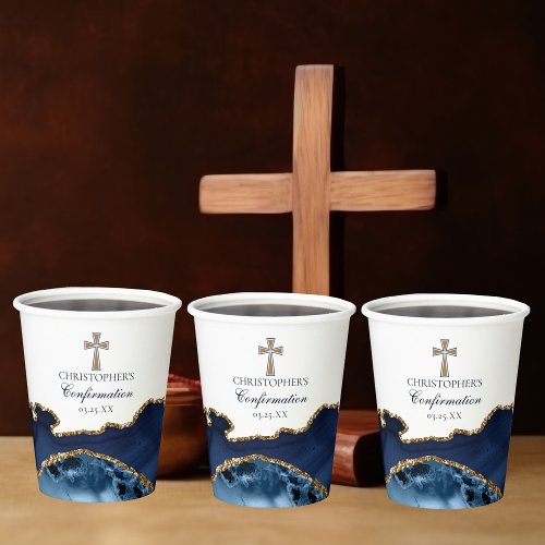 Navy Blue Gold Cross Custom Confirmation Party Paper Cups