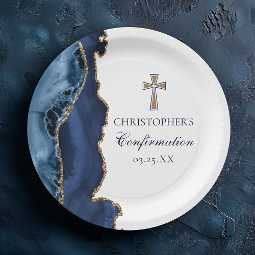 Navy Blue Gold Cross Custom Confirmation Party Paper Plates