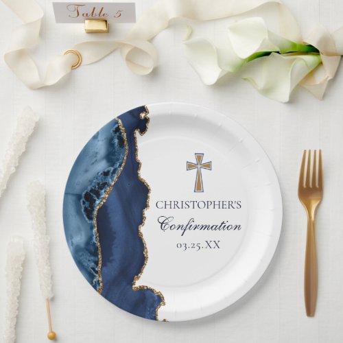 Navy Blue Gold Cross Custom Confirmation Party Paper Plates