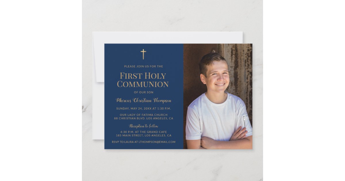Navy Blue Gold Cross First holy communion Photo Invitation | Zazzle