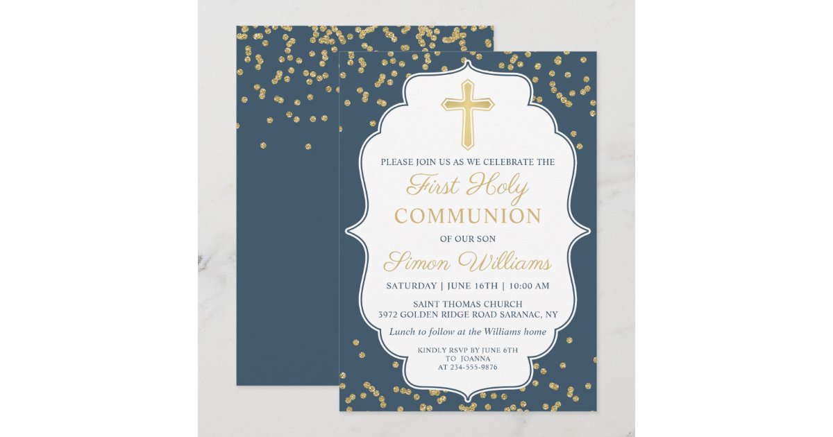 Navy Blue Gold Cross Glitter First Holy Communion Invitation | Zazzle