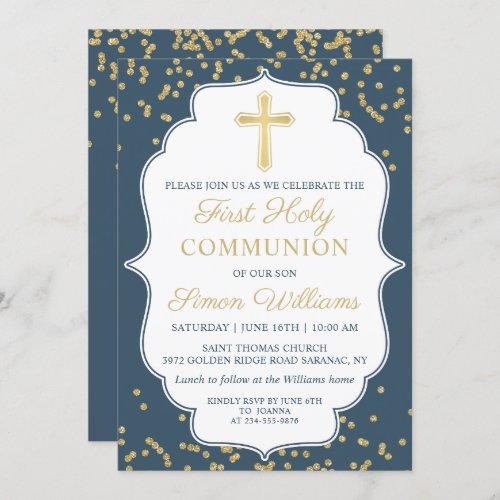 Navy Blue Gold Cross Glitter First Holy Communion Invitation